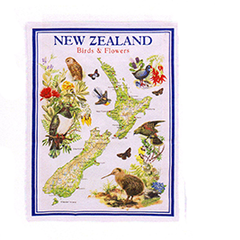 New Zealand Map Birds & Flowers Tea Towel - MBF10